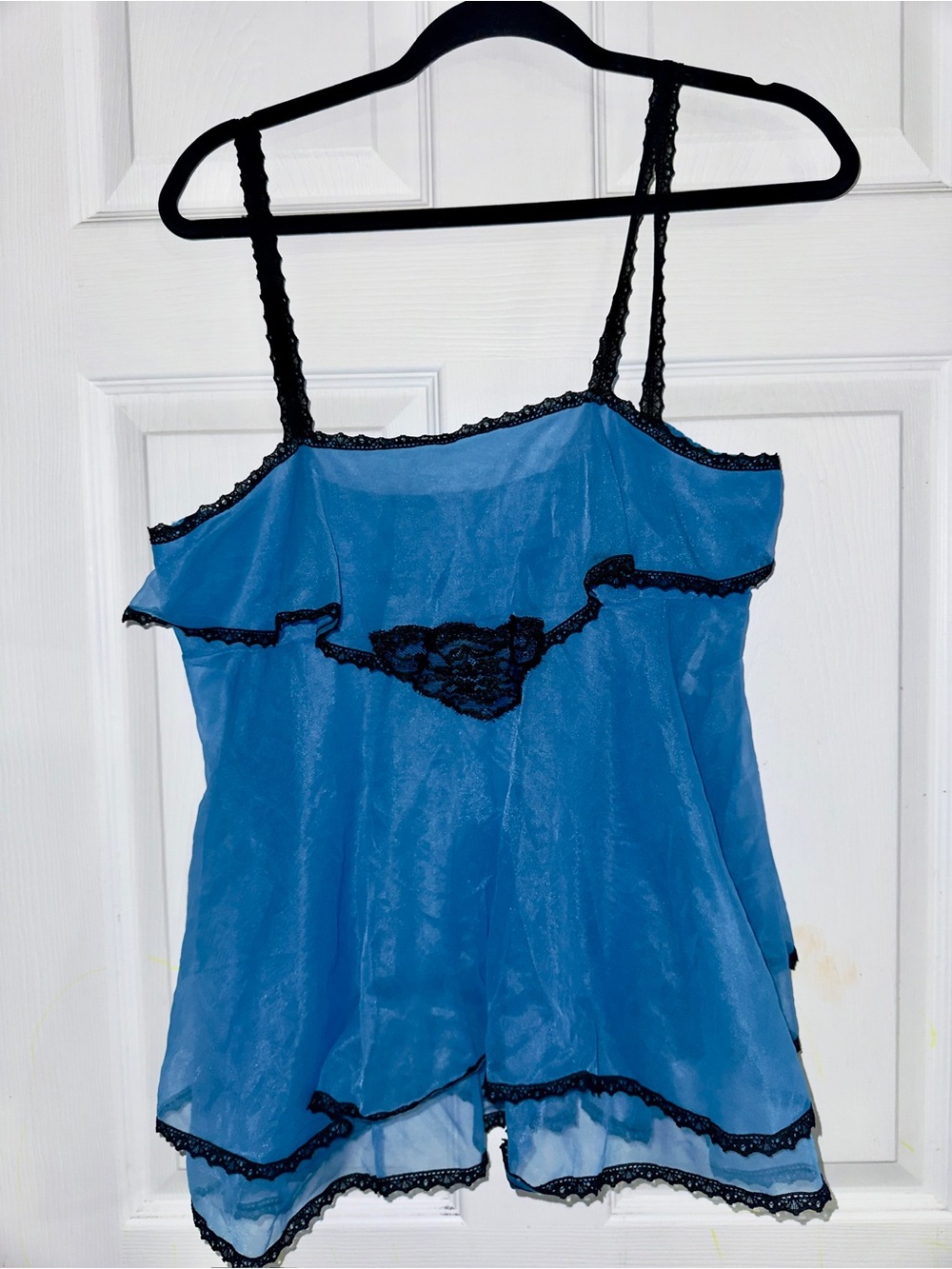 Vtg 50’s/60’s Unique Sheer Blue Cami Top w/Black Lace Trim - fits like a medium
